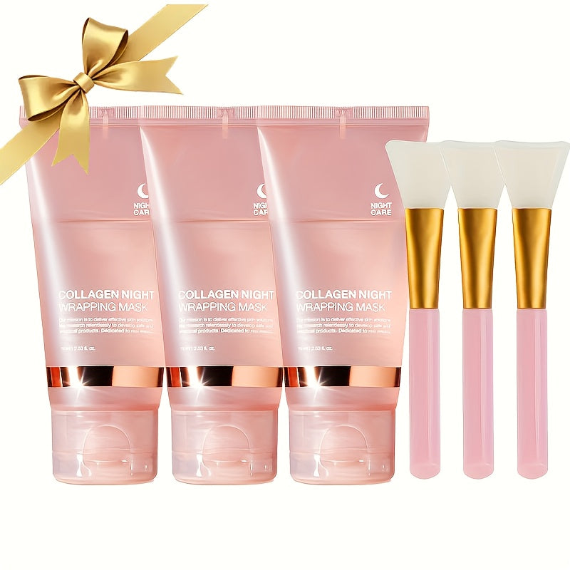 3pcs Collagen Night Graping Mask with Niacinamide & Hyaluronic Acid - Deep Moisturizing & Firming, Ceramide-Infused for Soft, Radiant Skin, Paraben-Free, Suitable for All Skin Types, 75ml*3 + Bonus Face Mask Brush
