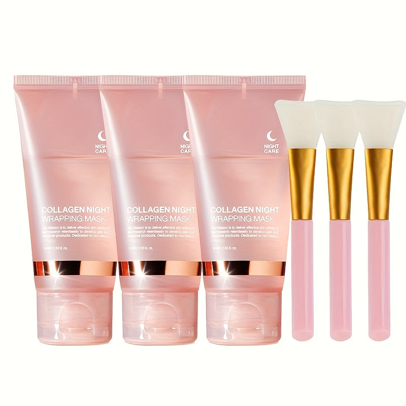 3pcs Collagen Night Graping Mask with Niacinamide & Hyaluronic Acid - Deep Moisturizing & Firming, Ceramide-Infused for Soft, Radiant Skin, Paraben-Free, Suitable for All Skin Types, 75ml*3 + Bonus Face Mask Brush