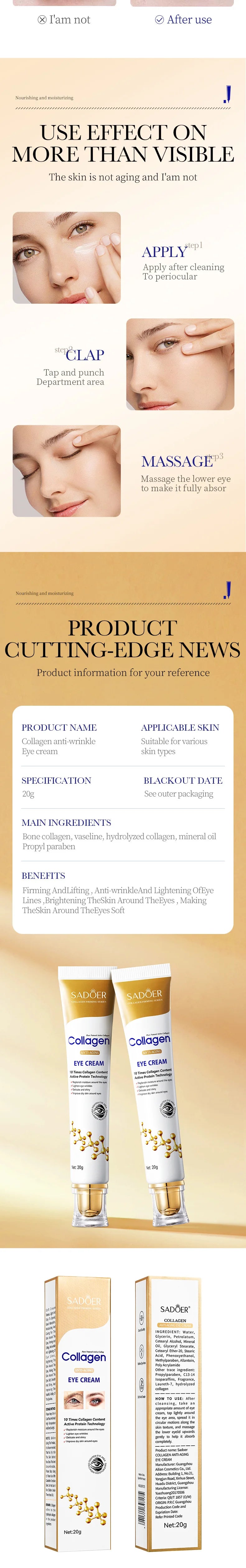 SADOER Collagen Augencreme Retinol Augencreme gegen dunkle Augenringe Augenstraffung Feuchtigkeitspflege Hautpflege für die Augen Augenpflege