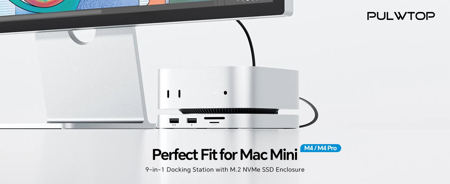 PULWTOP Mac Mini M4 Dock mit 4TB SSD-Gehäuse, USB C HUB unterstützt HDMI 4K 60Hz, USB A 2.0, SD/TF, Audio für Mac Mini M4/M4 Pro