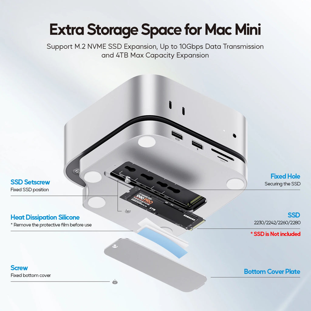 PULWTOP Mac Mini M4 Dock mit 4TB SSD-Gehäuse, USB C HUB unterstützt HDMI 4K 60Hz, USB A 2.0, SD/TF, Audio für Mac Mini M4/M4 Pro