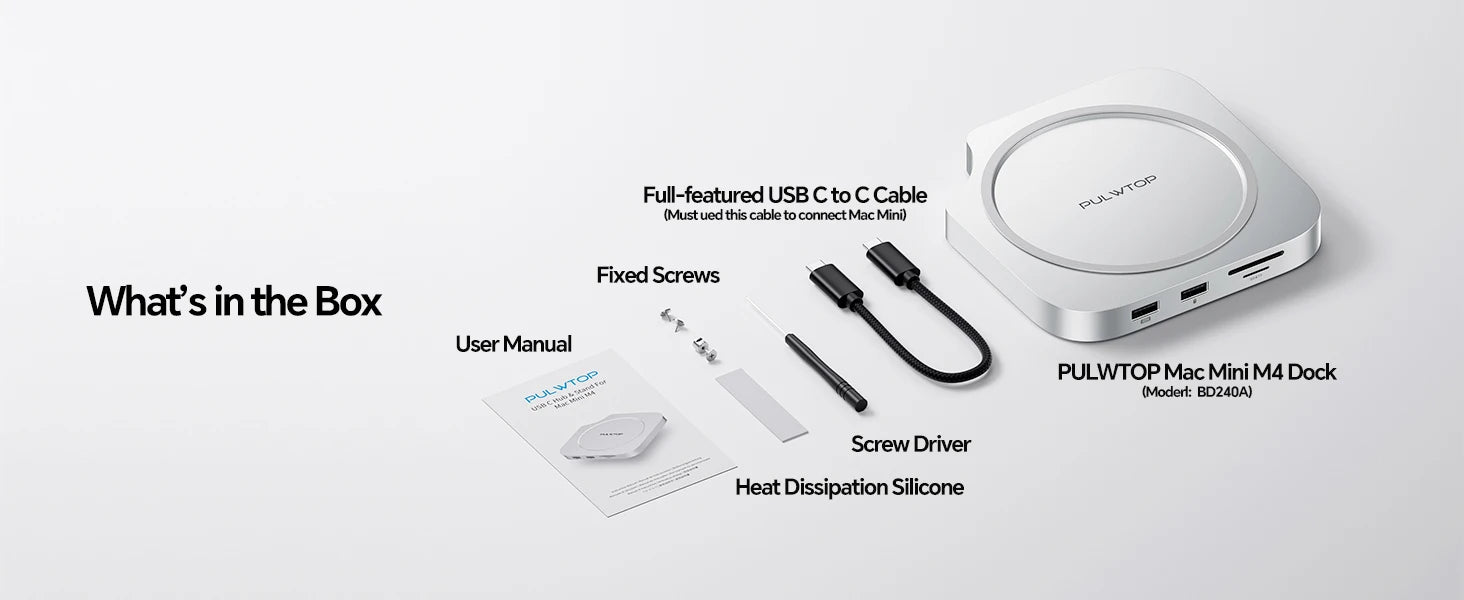 PULWTOP Mac Mini M4 Dock mit 4TB SSD-Gehäuse, USB C HUB unterstützt HDMI 4K 60Hz, USB A 2.0, SD/TF, Audio für Mac Mini M4/M4 Pro