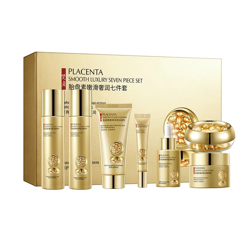 Plazenta-Hautpflege-Set, siebenteilig, reich an Plazenta-Essenz-Inhaltsstoffen, feuchtigkeitsspendende Hautpflegeprodukte, hydrierend, nährend, erfrischend, Lotion-Set, inklusive Gesichts-Essenz, Augencreme, Gesichtscreme, Reiniger, Essenzcreme