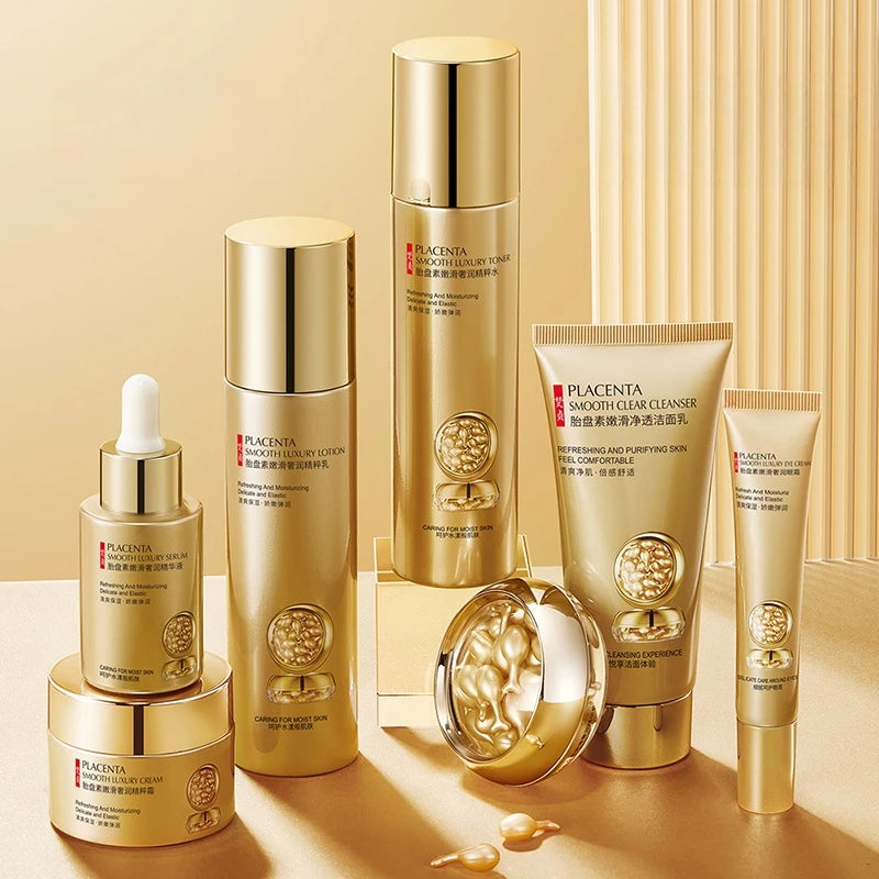 Plazenta-Hautpflege-Set, siebenteilig, reich an Plazenta-Essenz-Inhaltsstoffen, feuchtigkeitsspendende Hautpflegeprodukte, hydrierend, nährend, erfrischend, Lotion-Set, inklusive Gesichts-Essenz, Augencreme, Gesichtscreme, Reiniger, Essenzcreme