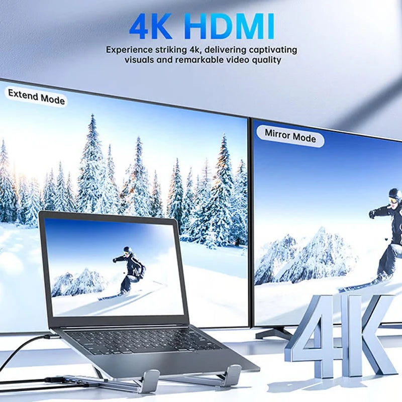 8-in-1 USB-C Laptop Stand With Docking Station Universal USB C Dock Tablet Stand Foldable Type-C Hubs Adapter Plug Play