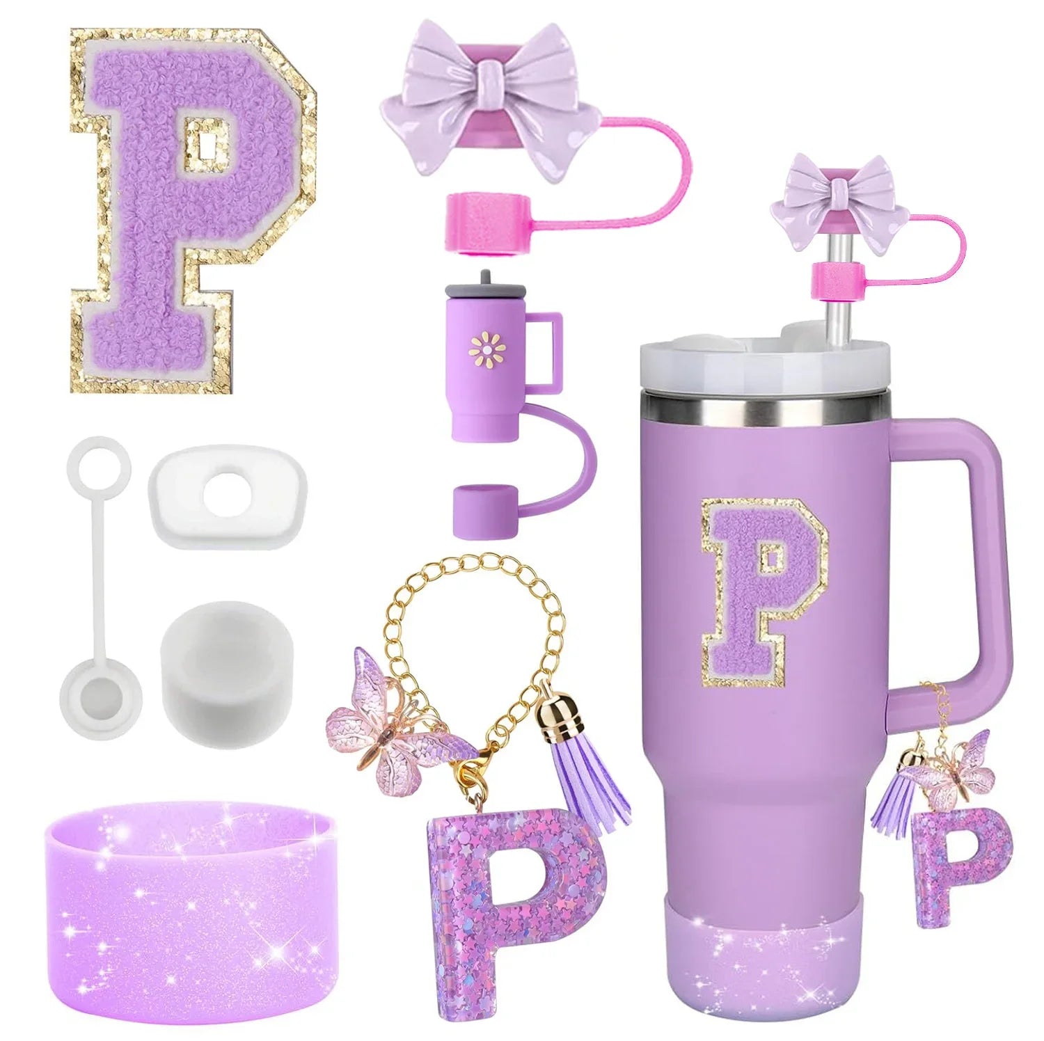 8PCS Accessories Set for Stanley Cup Purple 30oz 40oz tumbler Silicone Straw Topper Cover Cap Boot Handle Charm Initials Sticker