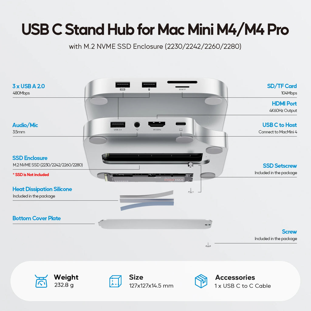 PULWTOP Mac Mini M4 Dock mit 4TB SSD-Gehäuse, USB C HUB unterstützt HDMI 4K 60Hz, USB A 2.0, SD/TF, Audio für Mac Mini M4/M4 Pro