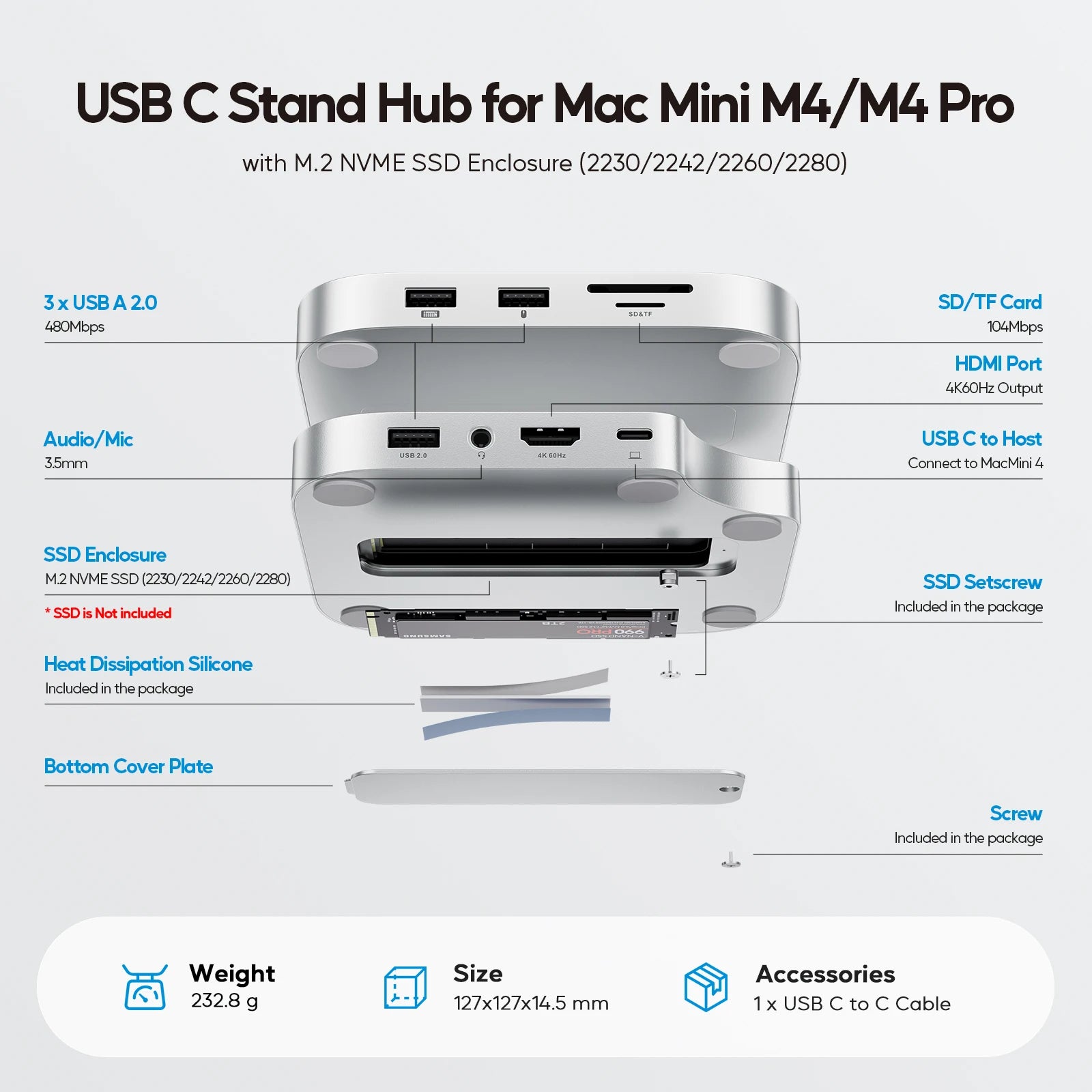 PULWTOP Mac Mini M4 Dock mit 4TB SSD-Gehäuse, USB C HUB unterstützt HDMI 4K 60Hz, USB A 2.0, SD/TF, Audio für Mac Mini M4/M4 Pro