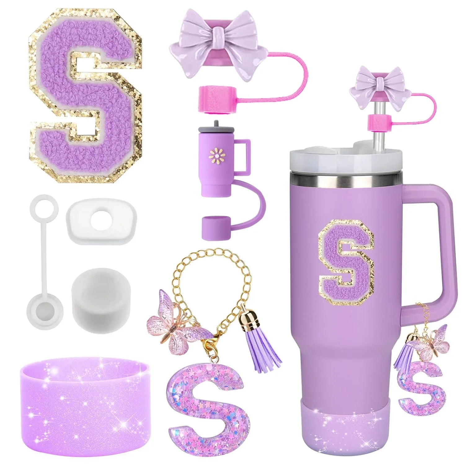 8PCS Accessories Set for Stanley Cup Purple 30oz 40oz tumbler Silicone Straw Topper Cover Cap Boot Handle Charm Initials Sticker