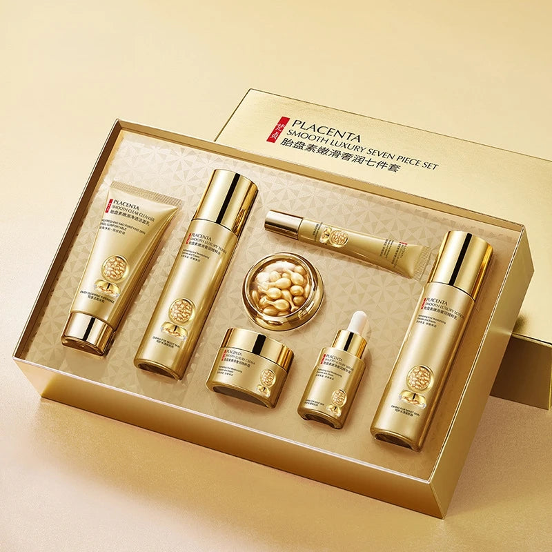 Plazenta-Hautpflege-Set, siebenteilig, reich an Plazenta-Essenz-Inhaltsstoffen, feuchtigkeitsspendende Hautpflegeprodukte, hydrierend, nährend, erfrischend, Lotion-Set, inklusive Gesichts-Essenz, Augencreme, Gesichtscreme, Reiniger, Essenzcreme