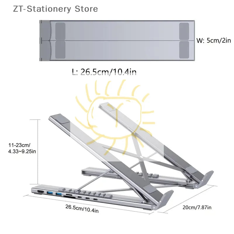 8-in-1 USB-C Laptop Stand With Docking Station Universal USB C Dock Tablet Stand Foldable Type-C Hubs Adapter Plug Play