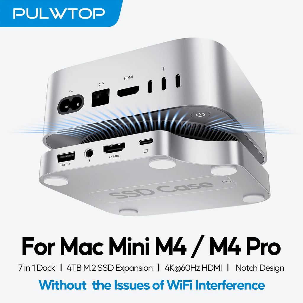 PULWTOP Mac Mini M4 Dock mit 4TB SSD-Gehäuse, USB C HUB unterstützt HDMI 4K 60Hz, USB A 2.0, SD/TF, Audio für Mac Mini M4/M4 Pro