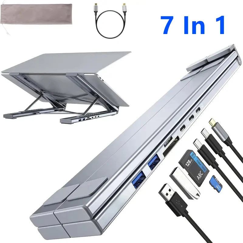 8-in-1 USB-C Laptop Stand With Docking Station Universal USB C Dock Tablet Stand Foldable Type-C Hubs Adapter Plug Play