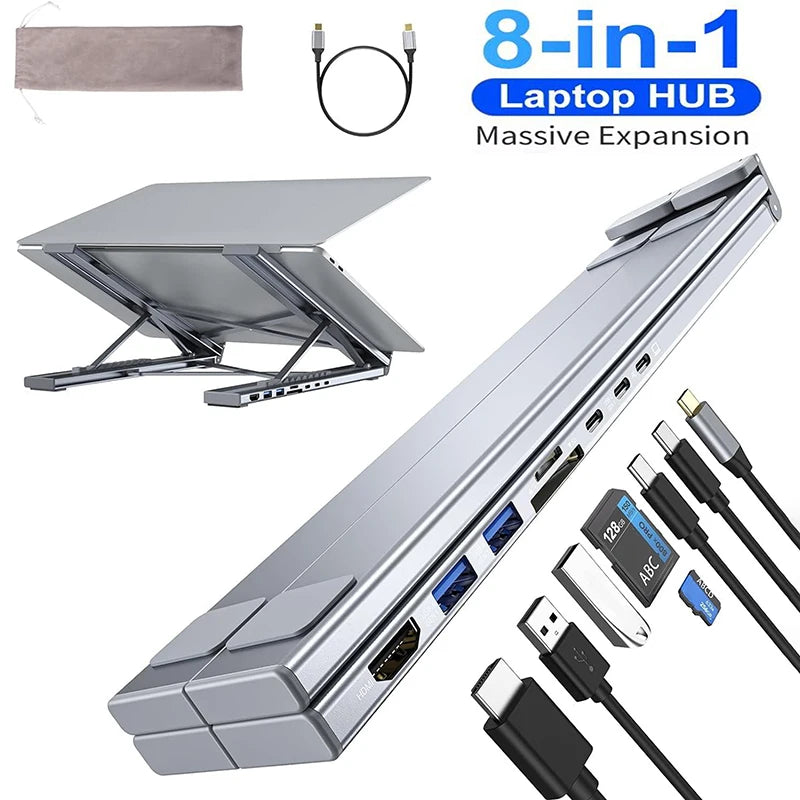 8-in-1 USB-C Laptop Stand With Docking Station Universal USB C Dock Tablet Stand Foldable Type-C Hubs Adapter Plug Play