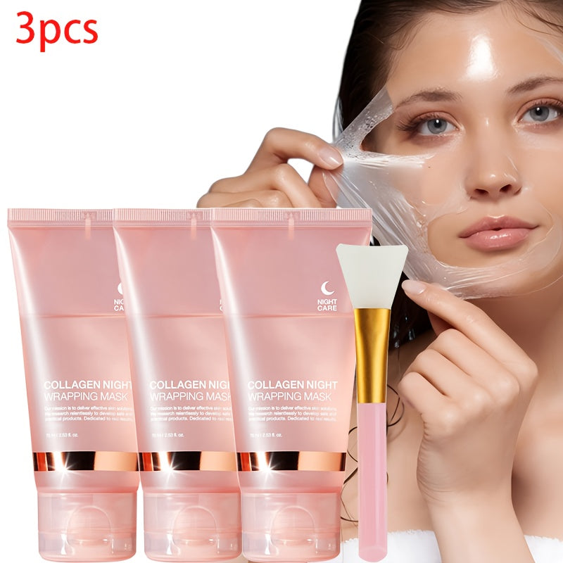 3pcs Collagen Night Graping Mask with Niacinamide & Hyaluronic Acid - Deep Moisturizing & Firming, Ceramide-Infused for Soft, Radiant Skin, Paraben-Free, Suitable for All Skin Types, 75ml*3 + Bonus Face Mask Brush