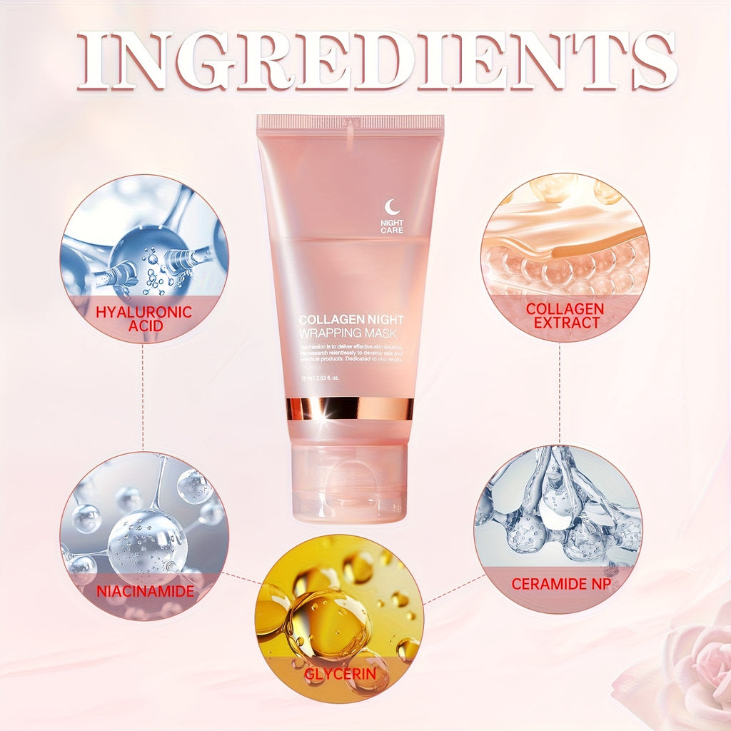 3pcs Collagen Night Graping Mask with Niacinamide & Hyaluronic Acid - Deep Moisturizing & Firming, Ceramide-Infused for Soft, Radiant Skin, Paraben-Free, Suitable for All Skin Types, 75ml*3 + Bonus Face Mask Brush