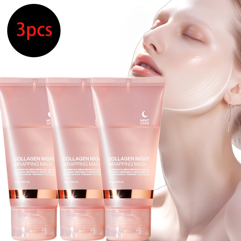 3pcs Collagen Night Graping Mask with Niacinamide & Hyaluronic Acid - Deep Moisturizing & Firming, Ceramide-Infused for Soft, Radiant Skin, Paraben-Free, Suitable for All Skin Types, 75ml*3 + Bonus Face Mask Brush